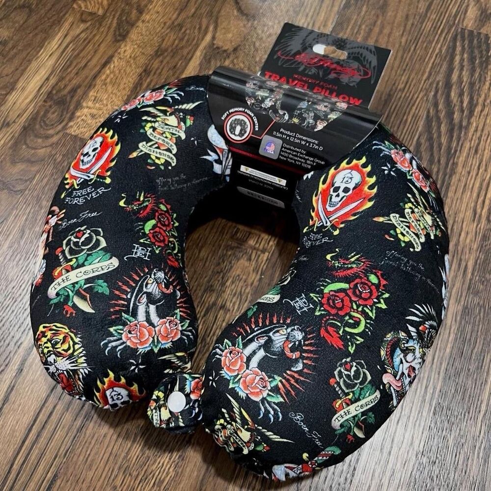 Ed Hardy Memory Foam Neck Travel Pillow Black Tattoo Print y2k NWT